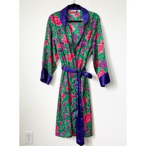 Vintage Victoria's Secret Gold Label Floral Satin Robe M/L Green Pink Purple